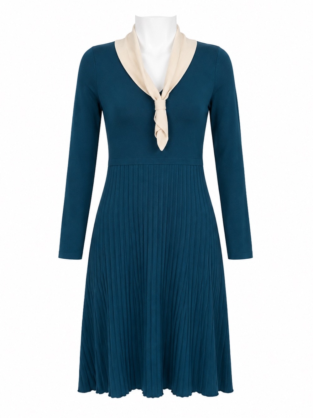 Size M Simple Retro Women’s Teal Pleated Midi Dress Cream Tie Collar